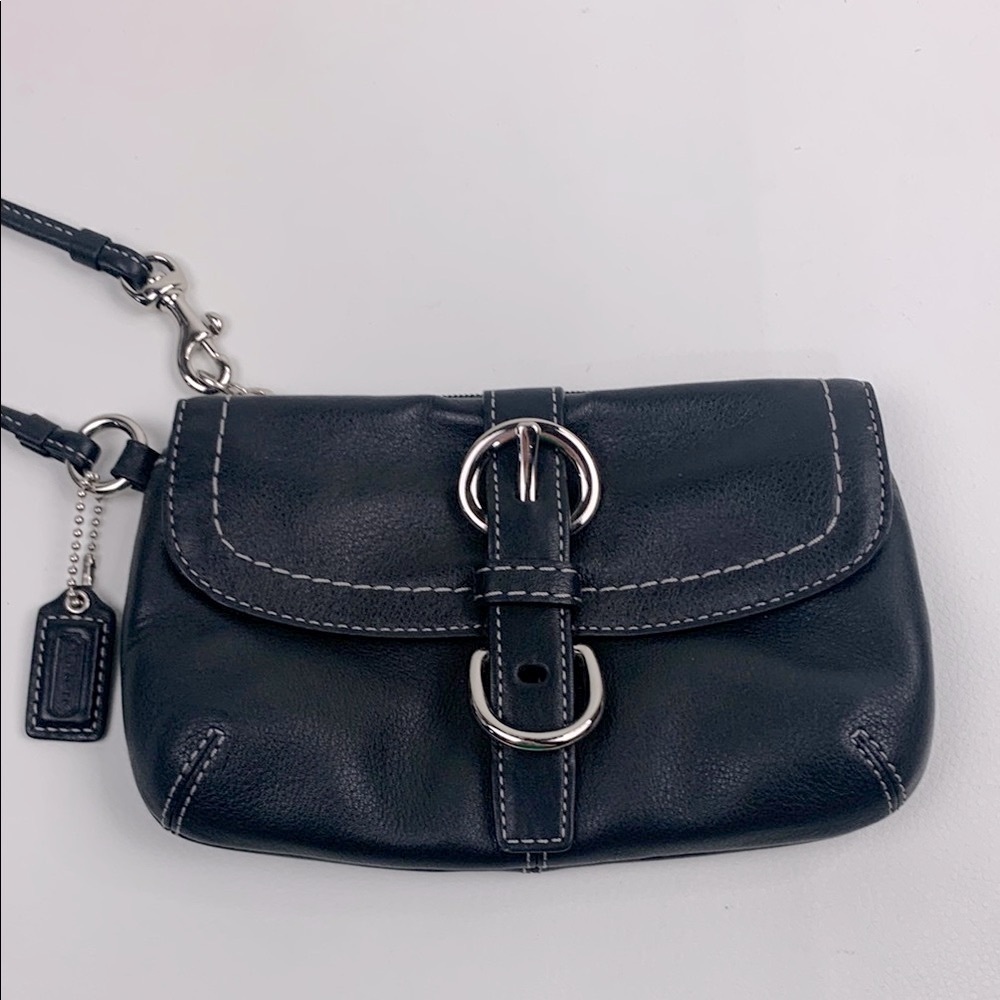 Coach Black Leather Wristlet wallet Bag Silver Buckle Flap open Purple lined NEW